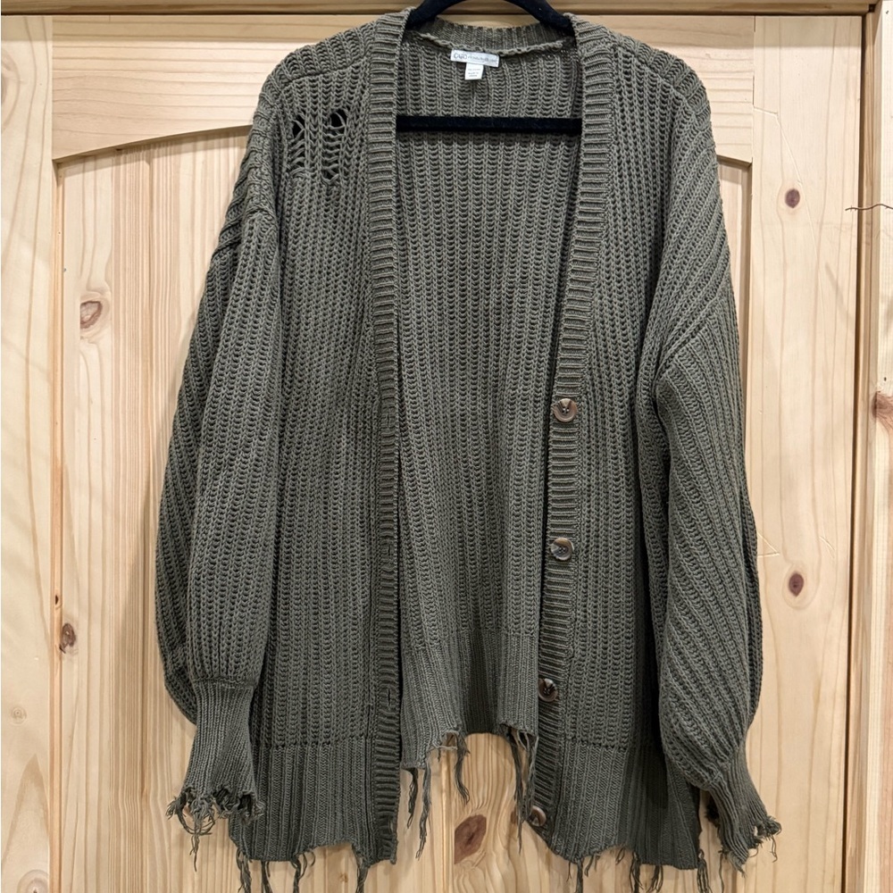 Olive Distressed Knit Cardigan‎ Sweater